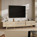 Mid Century Modern TV Stand for 100 Inch TVs, 94.5" Entertainment Center with Storage & Power Outlet, Media Console w/Drawers and Sliding Door, Television Stand for Living Room, Natural