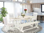 East West Furniture V027MZ001-6 6 Piece Dining Set Contains a Rectangle Dining Room Table with V-Legs and 4 Cream Linen Fabric Upholstered Chairs with a Bench, 40x72 Inch, Multi-Color