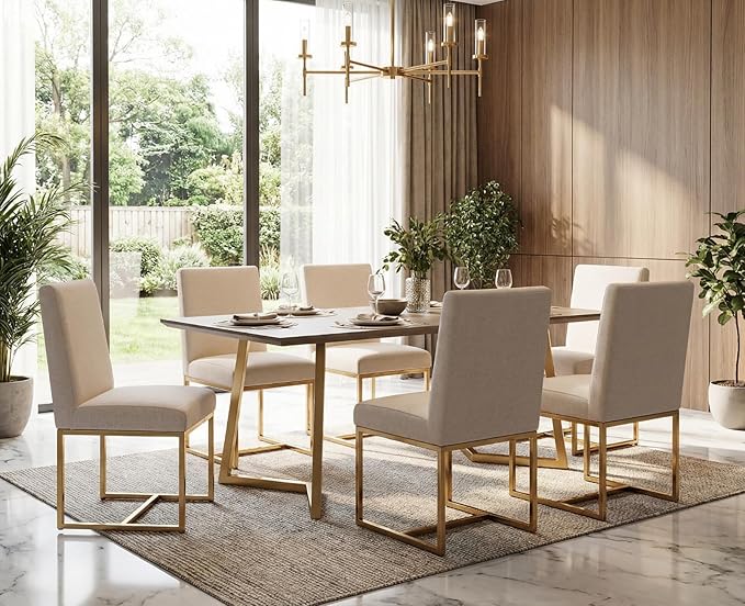 CIMOTA Modern Dining Chairs Set of 6, Upholstered Dining Room Chairs Armless Guest Side Chair with Gold Base for Dining Room/Kitchen, Beige, 6PCS