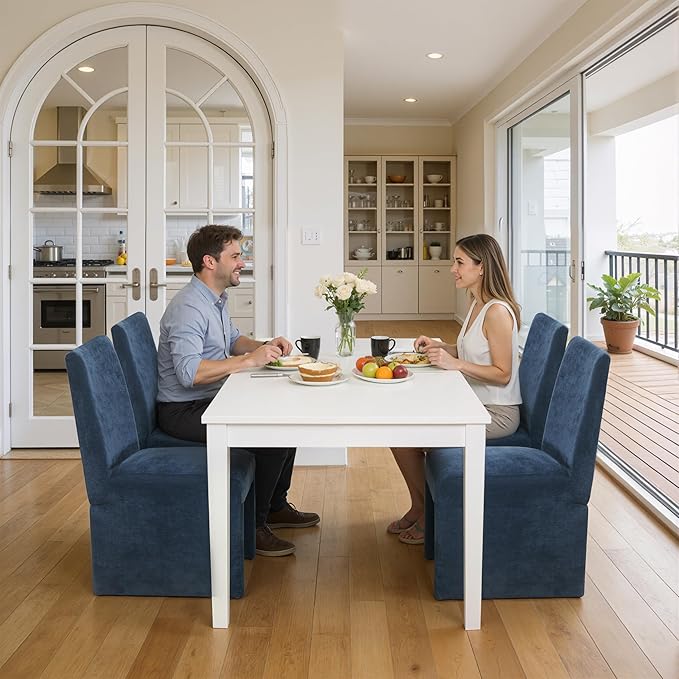 Blue Upholstered Dining Chairs Set of 6, Kitchen & Dining Room Chairs, Mid Century Modern Chairs, Linen Dining Chairs with Wooden Frame, Fabric