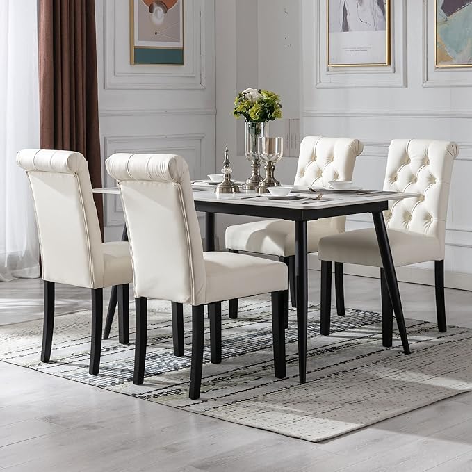 Faux Leather Dining Chairs Set of 6 Upholstered Dining Room Chairs Modern Tufted Accent Chairs Wooden Parsons Side Chairs for Home Kitchen Resturant, Cream