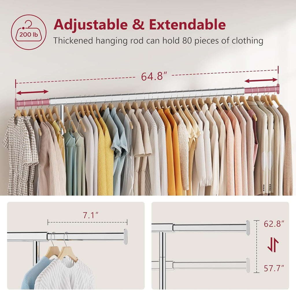 Tajsoon Clothing Rack Heavy Duty Clothes Rack Load 350 LBS, Rolling Clothes Racks for Hanging Clothes with Wheels & Extendable Rod, Collapsible Garment Rack with Bottom Shelf, Commercial, Chrome