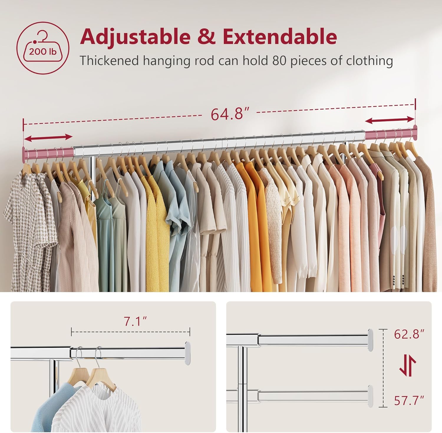 Tajsoon Clothing Rack Heavy Duty Clothes Rack Load 350 LBS, Rolling Clothes Racks for Hanging Clothes with Wheels & Extendable Rod, Collapsible Garment Rack with Bottom Shelf, Commercial, Chrome