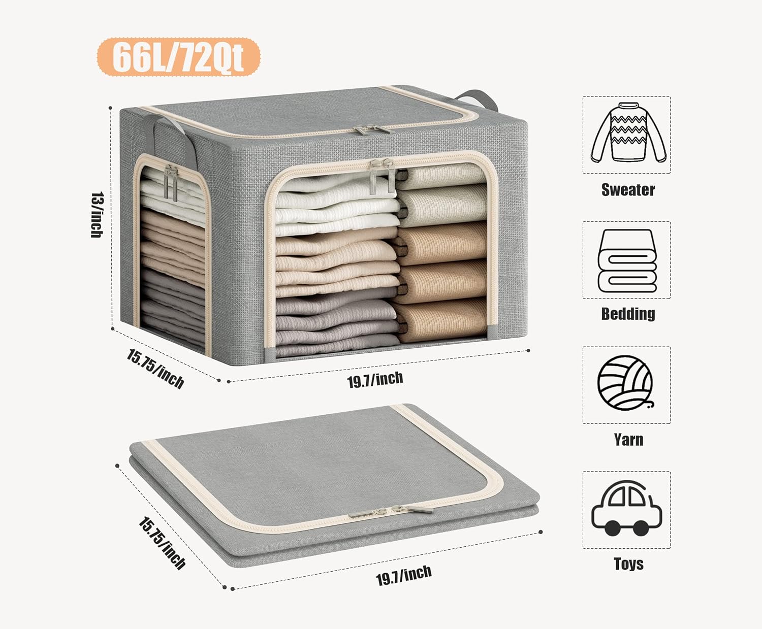 3 Opeings Large Clothes Storage Bins with Metal Frame, Foldable Storage Bin for Clothes, Clothing Storage Bins with Lid, Linen Storage Box With Clear Window＆ Zippers＆ Handles.(3 Pcs,Light Grey,66L)