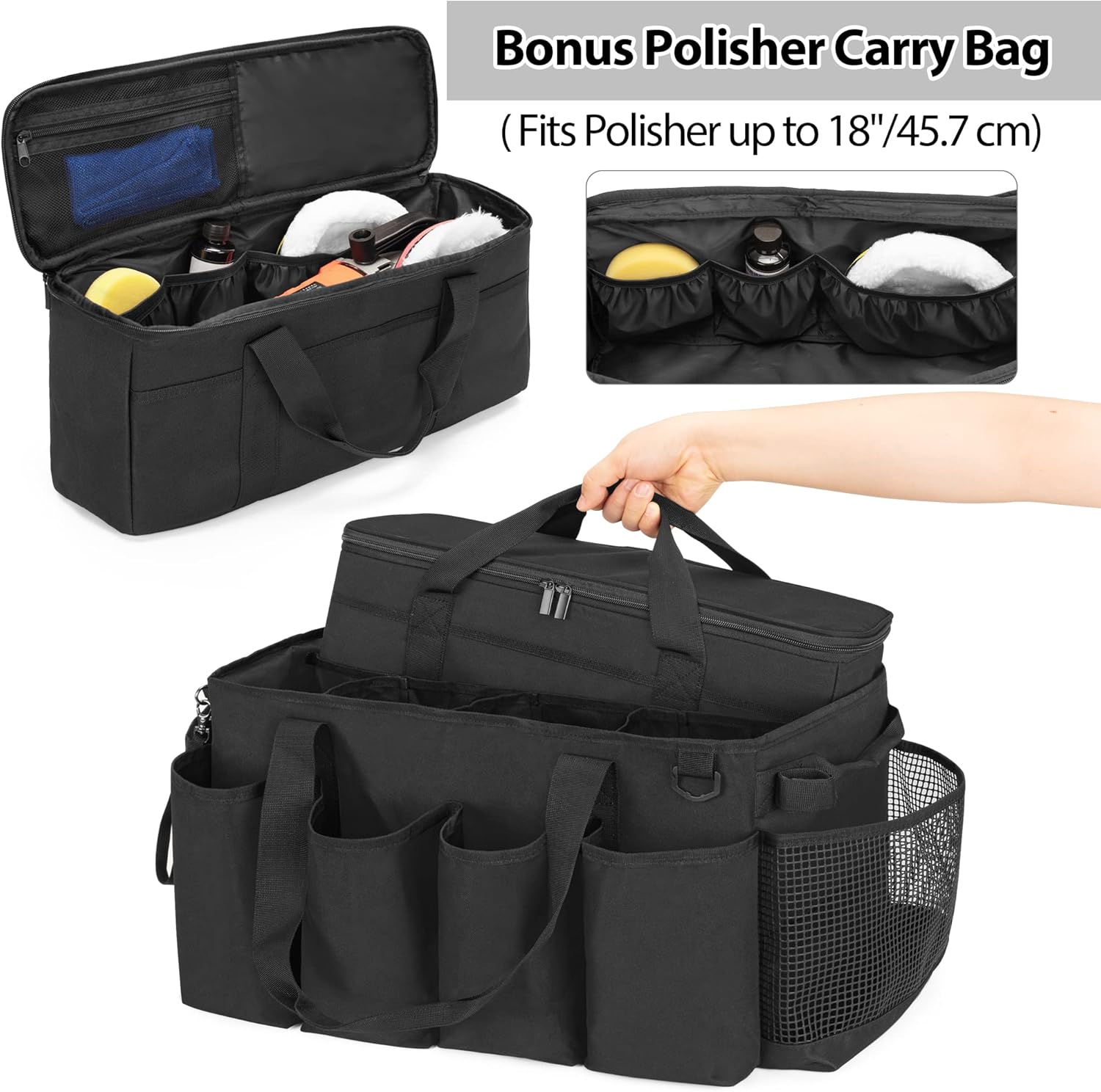Detailing Bag with Polisher Carry Bag, Large Detail Car Care Box for Auto Detailing Supplies, Car Wash Caddy & Trunk Organizer for Buffer Bottle Towel & Cleaning Kit, Black, Patent Design
