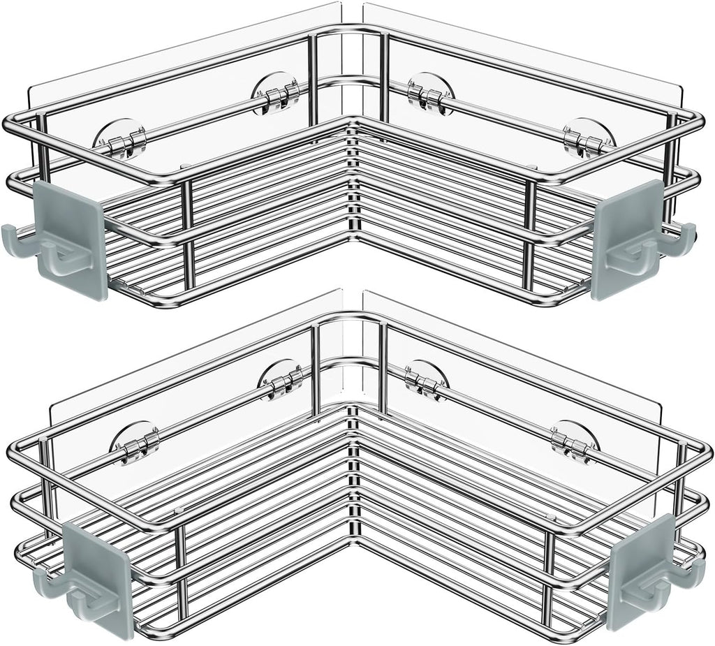 Nieifi Corner Shower Shelves Stainless Steel, Adhesive Shower Caddy Basket Rack with Hooks, Rust Proof for Bathroom Shelf Shampoo Holder (Silver, 2 Pack)