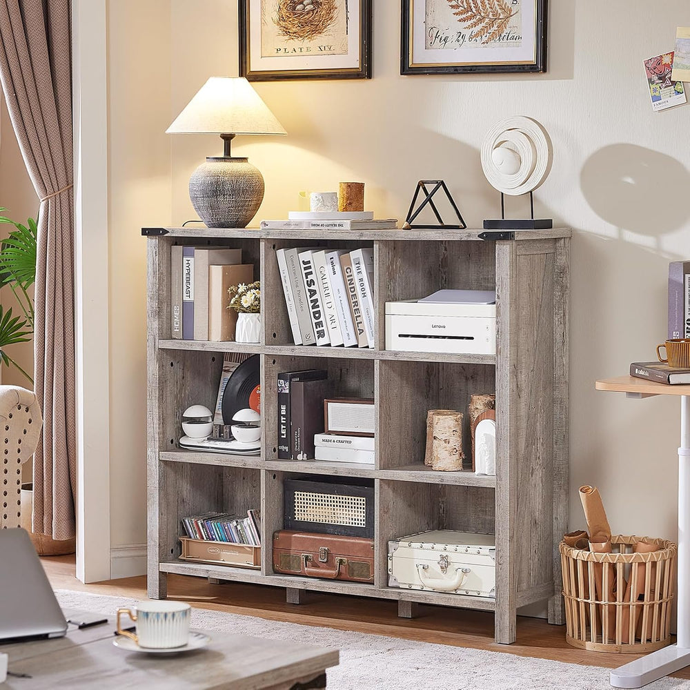 Joaxswe 9 Cube Bookcase, Farmhouse 47 Inch Wide Grey Oak Bookshelf, Wooden 3 ...