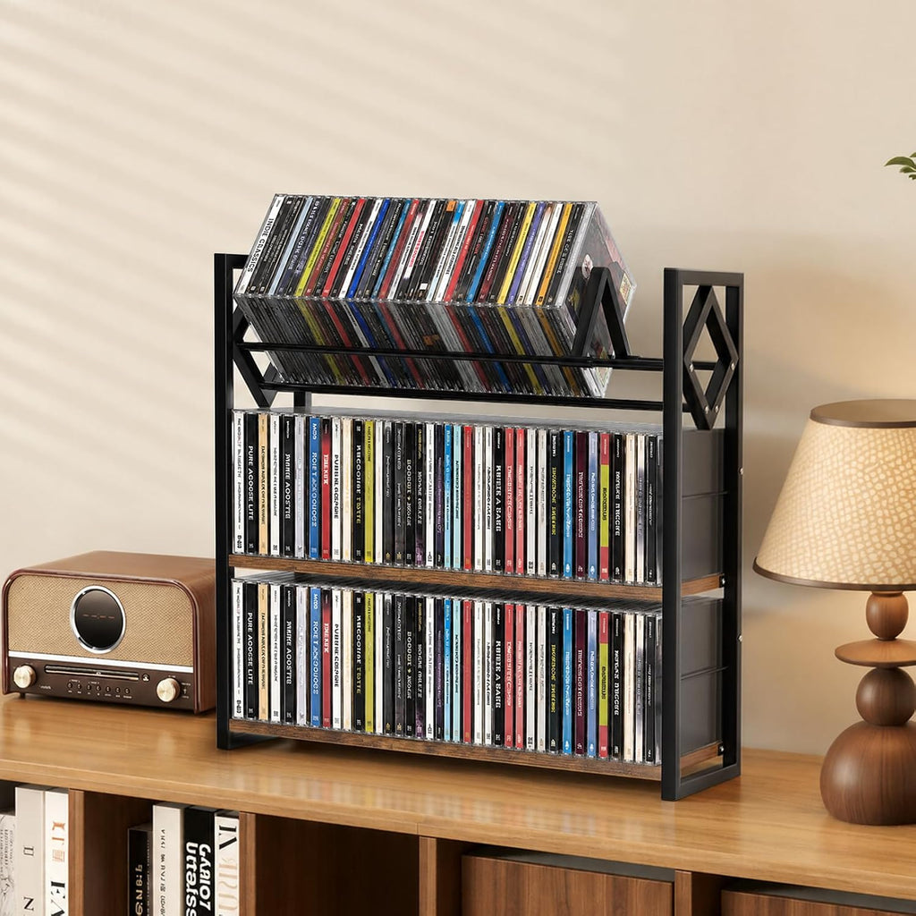 3-Tier CD Holder for 120 CDs, Wooden and Metal CD Storage Rack For DVDs | Top Shelf Shows Favorite Album Art, Open Tiers Keep CDs and DVDs Sorted For Retro Music Corners