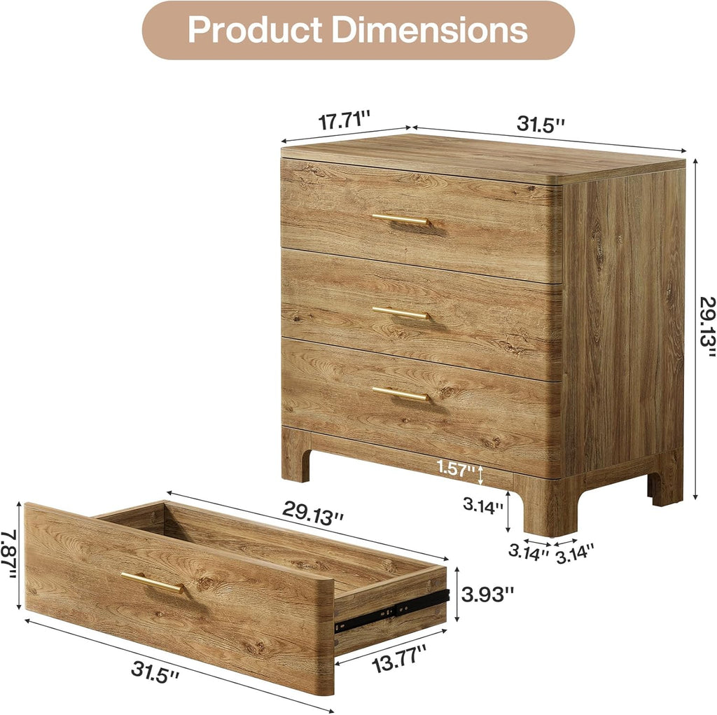 Tribesigns Oversized Nightstand with 3 Drawers, 31.5-Inch Wide Wood Farmhouse Night Stand with Storage and Gold Mental Handles for Bedroom, Brown (1)