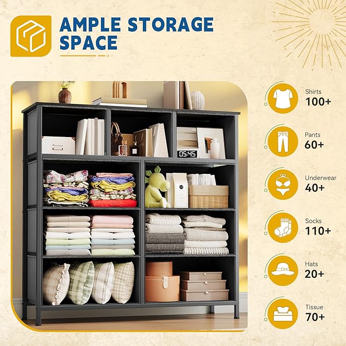 DWVO 9 Drawers Dresser for Bedroom, Fabric Storage Tower for Living Room, Entryway - Sturdy Steel Frame, Wooden Top & Easy Pull Fabric Bins