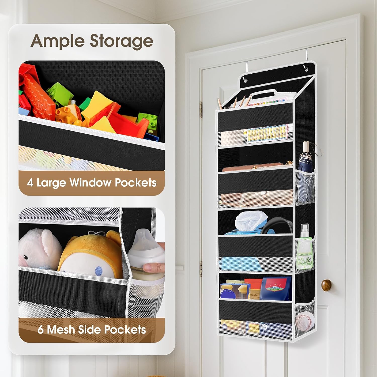 2 Pack Over The Door Organizer, Hanging Storage Organizer with Clear Window, 40lb Ultra Sturdy Large Capacity Room Organizer for Pantry Laundry Bathroom Nursery Closet (Black)