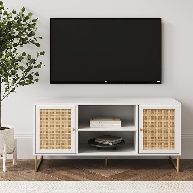 Nathan James Mina Modern TV Stand, Entertainment Cabinet, Media Console with a Natural Rattan Storage Doors, White Finish and Gold Brass Accents for Living Room or Media Room, White/Gold