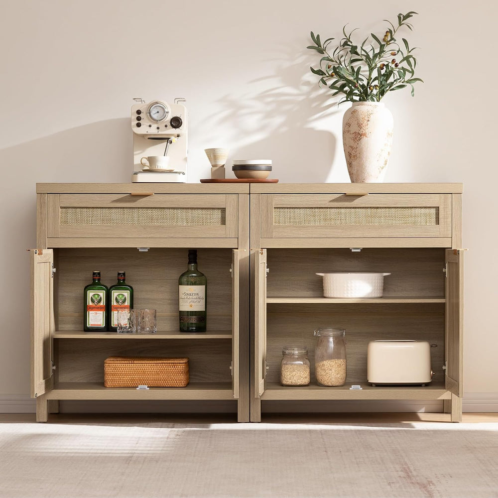 SICOTAS Sideboard Buffet Storage Cabinet, Rattan Accent Cabinet with Doors