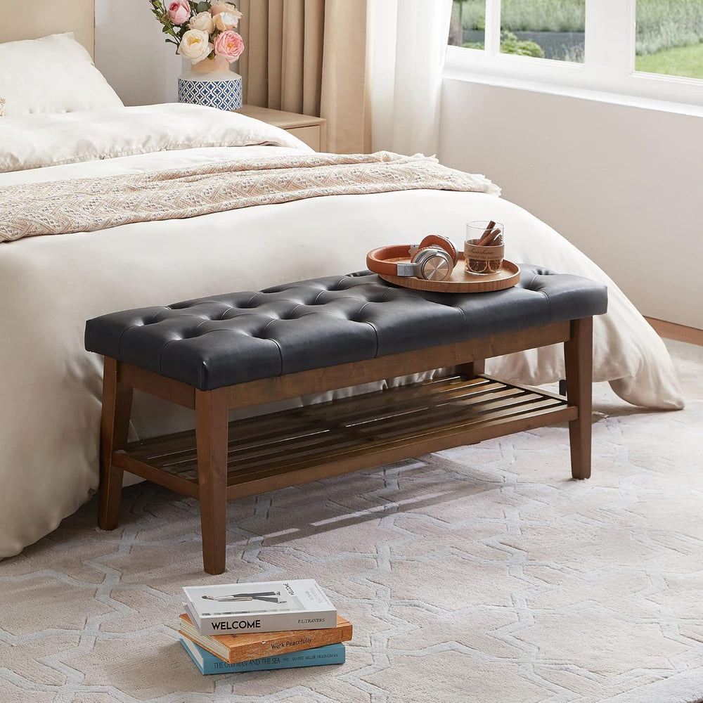 HUIMO PU Leather Entryway Shoe Bench, Button Tufted End of Bed Bench,Black | ...