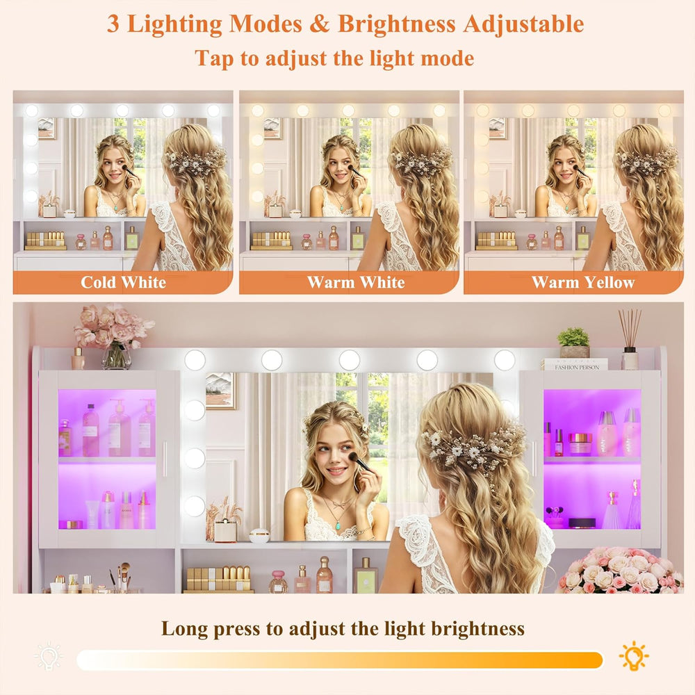HUAHUU Large Vanity Desk with Mirror & Lights, 54.3'' Makeup Vani...
