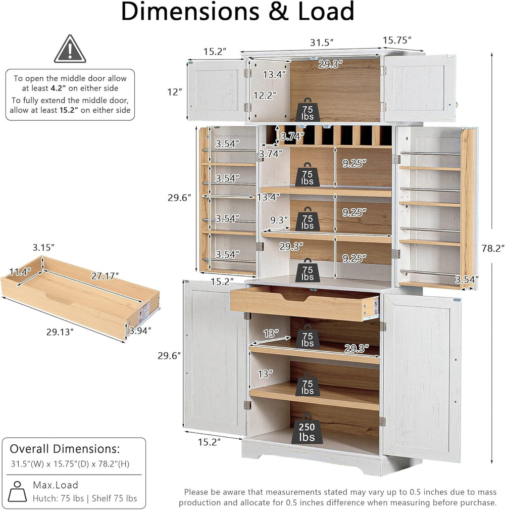 78.2" Tall Farmhouse Kitchen Pantry Cabinet with 8 Door Shelves,Storage ...