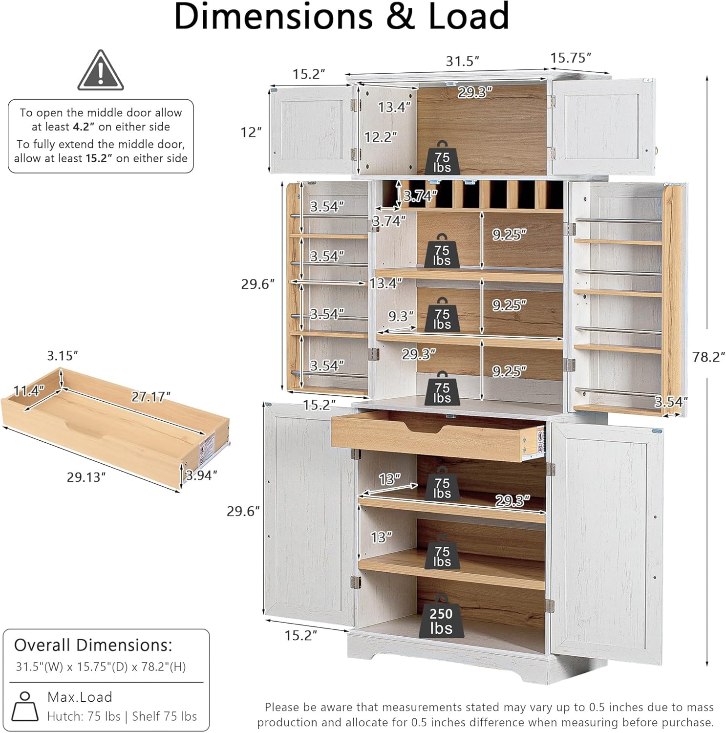 78.2" Tall Farmhouse Kitchen Pantry Cabinet with 8 Door Shelves,Storage Cupboard with 4 Adjustable Shelves,Hidden Drawer,Wine Rack,for Dining & Bathroom (White-G)