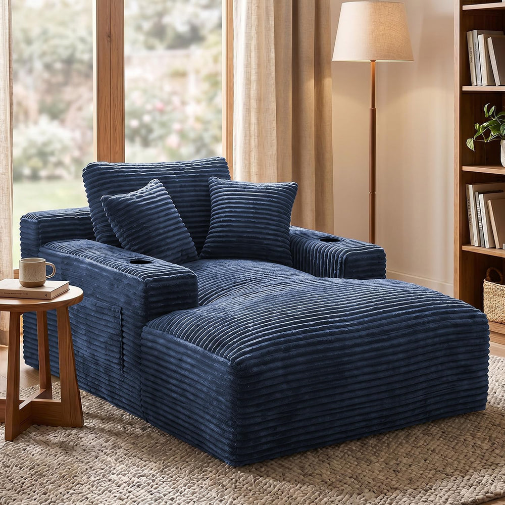 50" x 76" Corduroy Chaise Lounge Sofa Bed with Cup Holders, Blue | ...