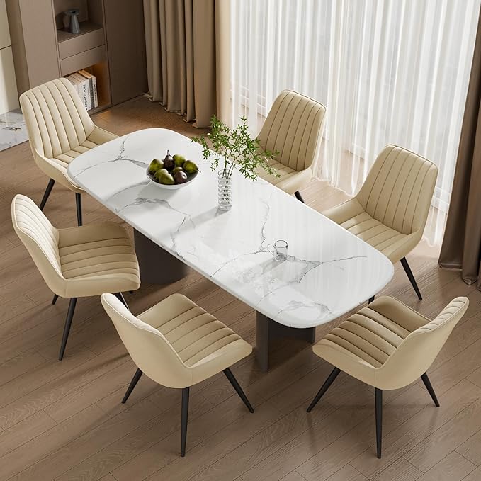 Mid Century Modern Dining Chairs Set of 6, Soft Cushion Upholstered Fabric Kitchen Chairs, Dark Beige