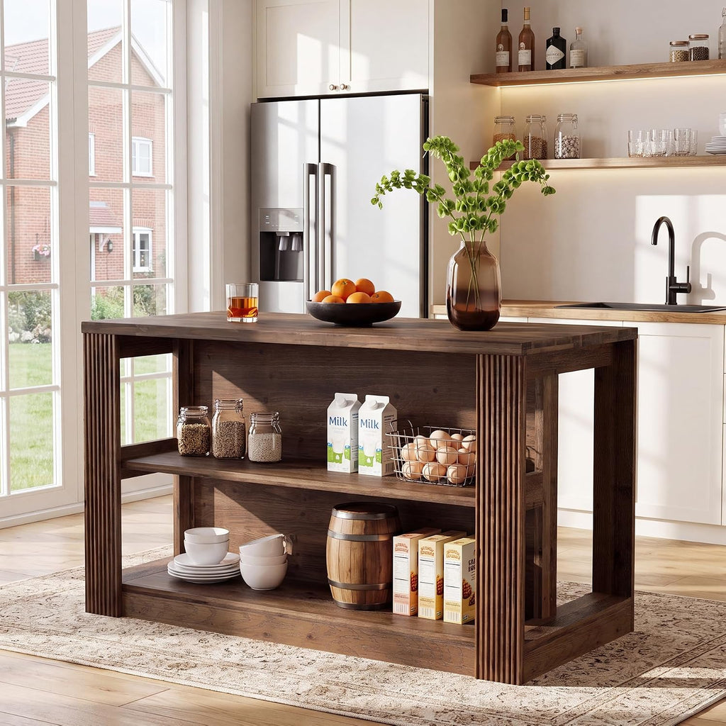 55" Solid Wood Kitchen Island Table with Storage | Farmhouse Island Table with 2-Tier Open Shelves, Sturdy Counter Height Bar Table for Kitchen, Dining Room, Rustic Brown
