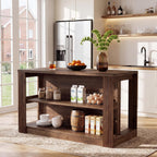 55" Solid Wood Kitchen Island Table with Storage | Farmhouse Island Table with 2-Tier Open Shelves, Sturdy Counter Height Bar Table for Kitchen, Dining Room, Rustic Brown