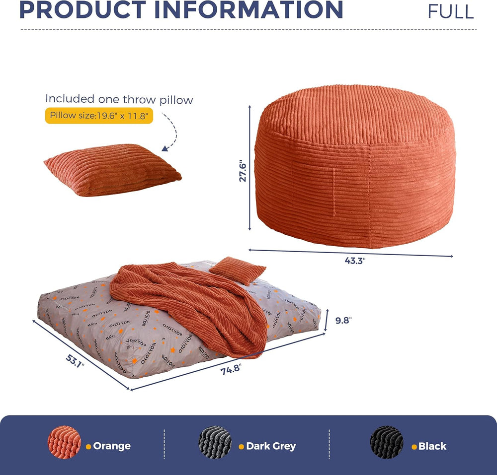 MAXYOYO Giant Bean Bag Chair Bed with Pillow, Convertible Beanbag Sofa to Flo...