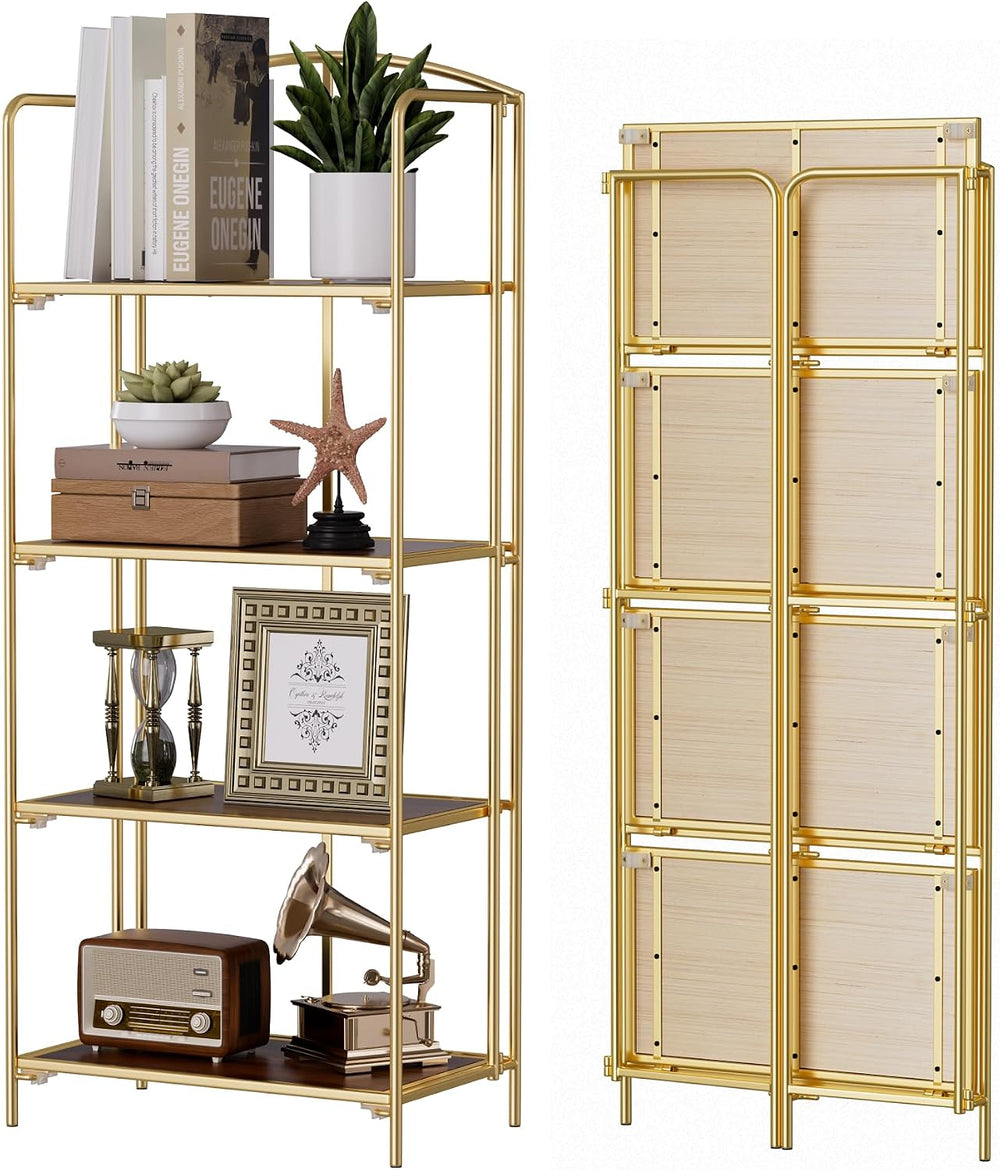 Crofy 4-Tier Foldable Bookshelf, Gold Frame & Walnut Shelves