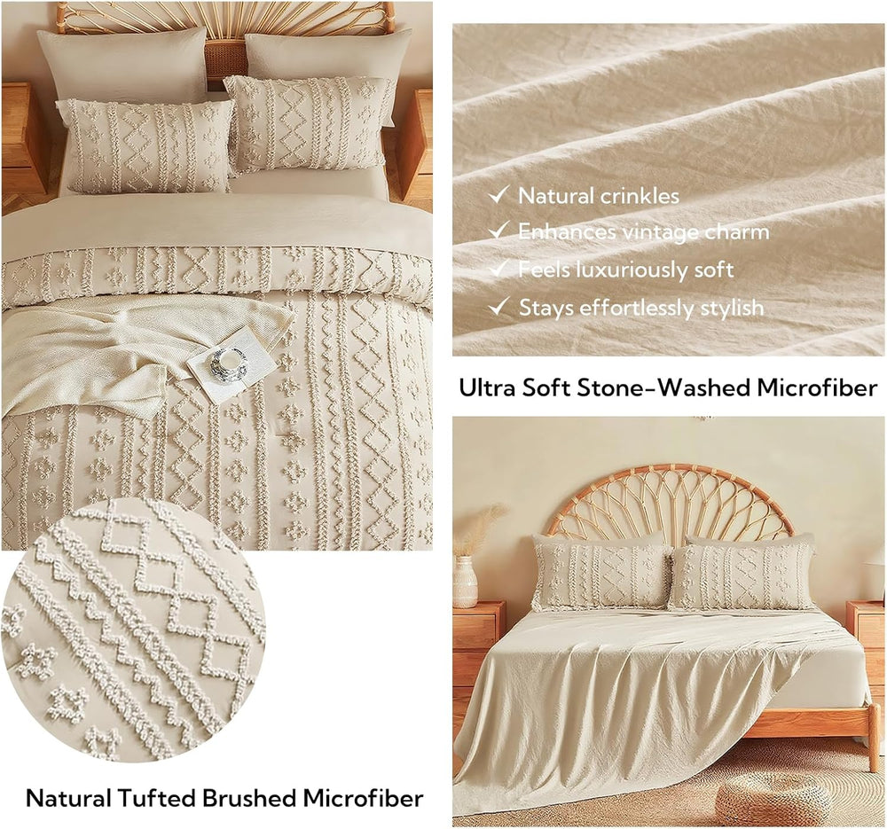 MR&HM Queen Comforter Set 7 Pieces, Fluffy Tufted Boho Beddding Set Beige