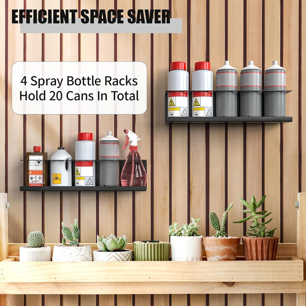 4 Pack Wall-Mounted Spray Bottle Holder, Aerosol Spray Can Holder Storage Rack, Heavy-Duty Paint Bottle Organizer With 20 Holes, Steel Black Spray Rack for Garage, Shop, Home or Tool Trailer