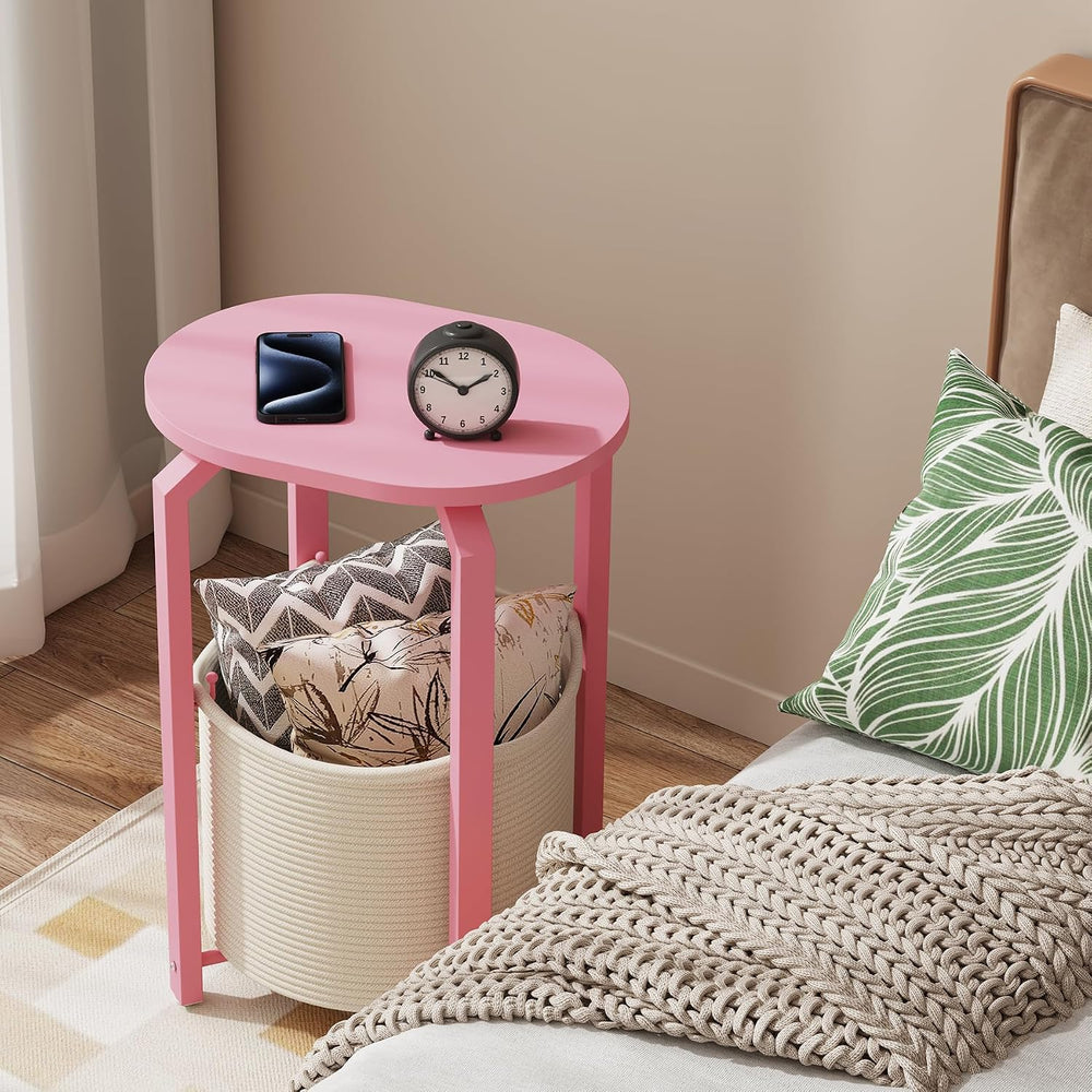 TUTOTAK Oval End Table with Woven Storage Basket, Pink Small Side Table for L...