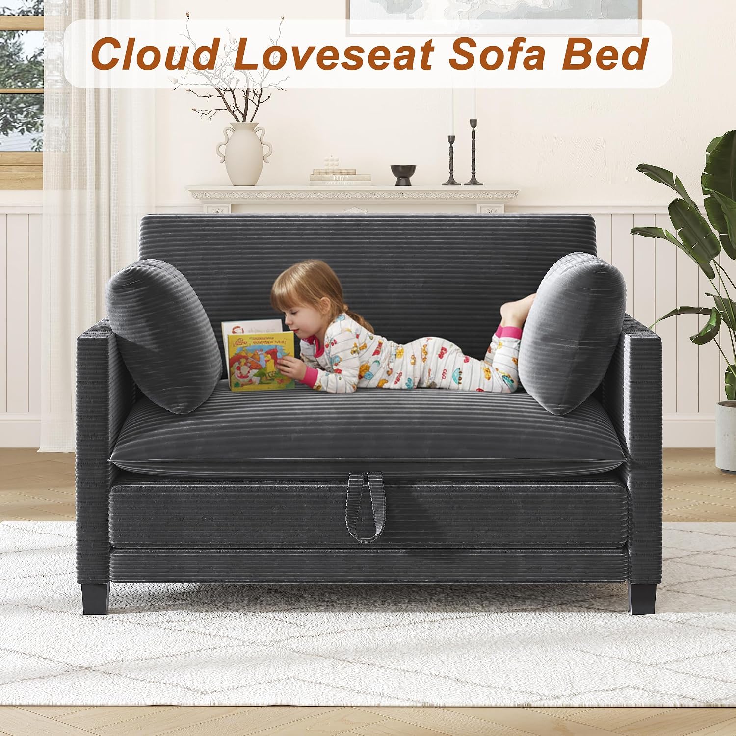 XVD 51 Inch Convertible Sofa Bed Sleeper with Storage Pockets & 2 Pillows - 2-in-1 Folding Loveseat for Small Spaces, Modern Corduroy Loveseat for Apartment, Living Room, Guest Room, Grey