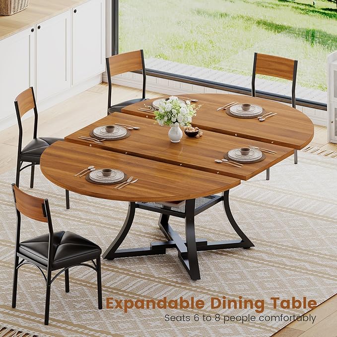 Itaar Round Extendable Dining Table Set for 4-6 People, 5-Piece Kitchen Table Set with 4 Cushion Chairs, Dining Room Table for 6 with MDF Board & Metal Frame for Small Space, Easy Clean, Brown
