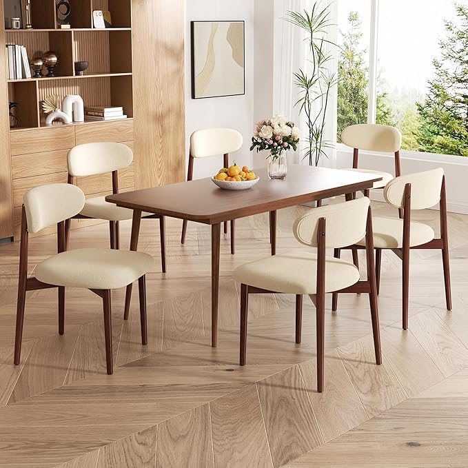 Wooden Dining Chair Set of 6, Modern Dining Chairs with with Curved Back, Fabric Upholstered Kitchen Dining Room Chairs with Adjustable Legs for Farmhouse Dining Living Room,Beige