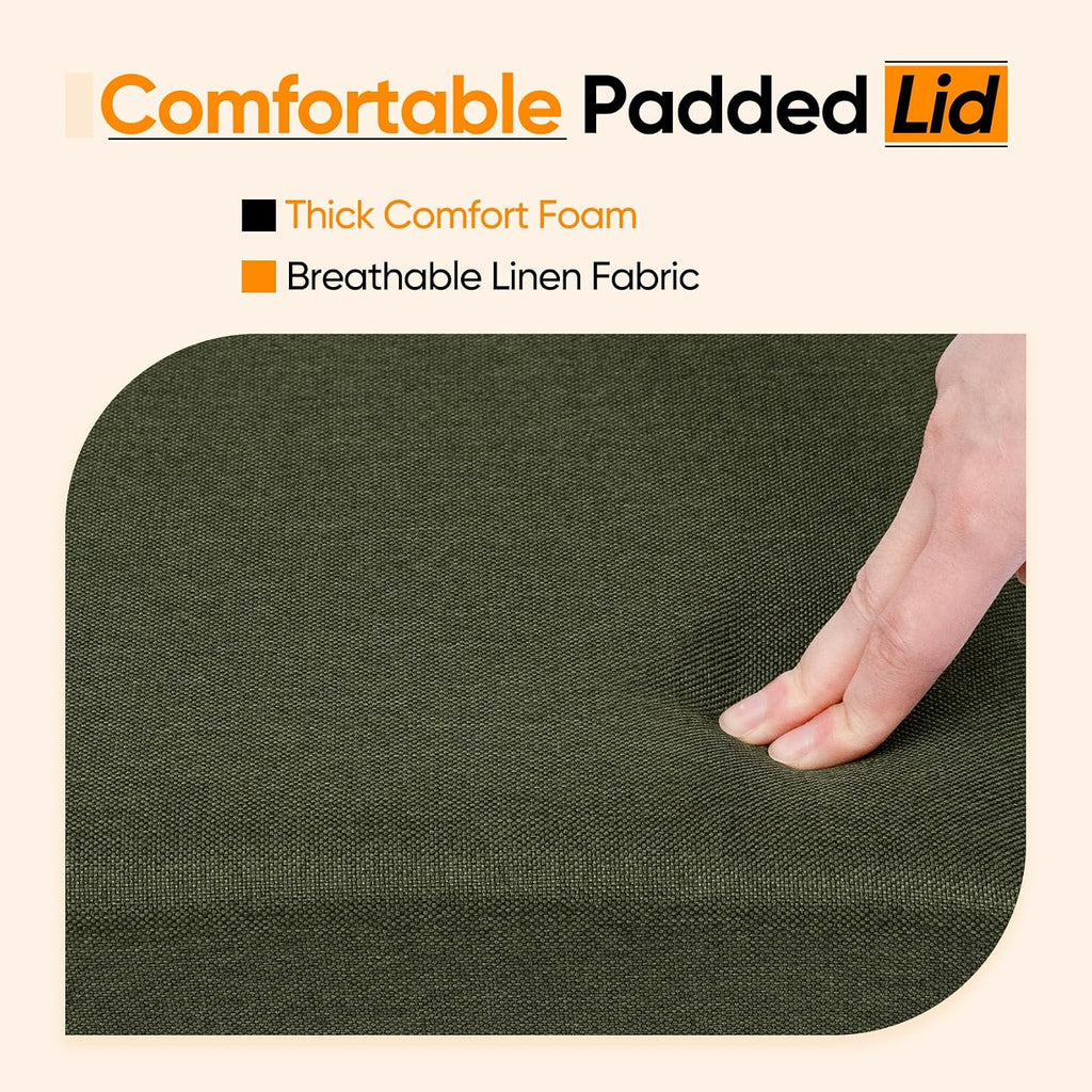 16.5 Inch Small Rectangular Storage Ottoman, Collapsible Footrest | Linen Fabric, Hidden Storage, Foldable Footstool with Padded Lid, Compact Size for Living Room, Bedroom and Dorm, Olive Green