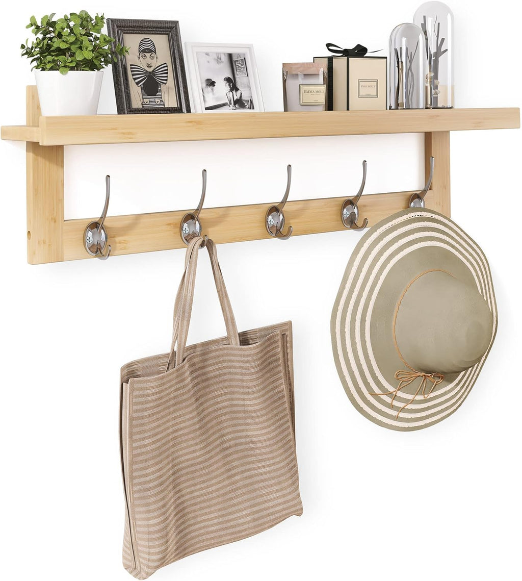 SMIBUY Coat Hooks with Shelf Wall-Mounted, 29.2 Inch Entryway Coat Rack for Wall, Bamboo Hanging Shelf with 5 Double Metal Hooks for Bathroom, Bedroom, Kitchen, Living Room, Mudroom (Natural)