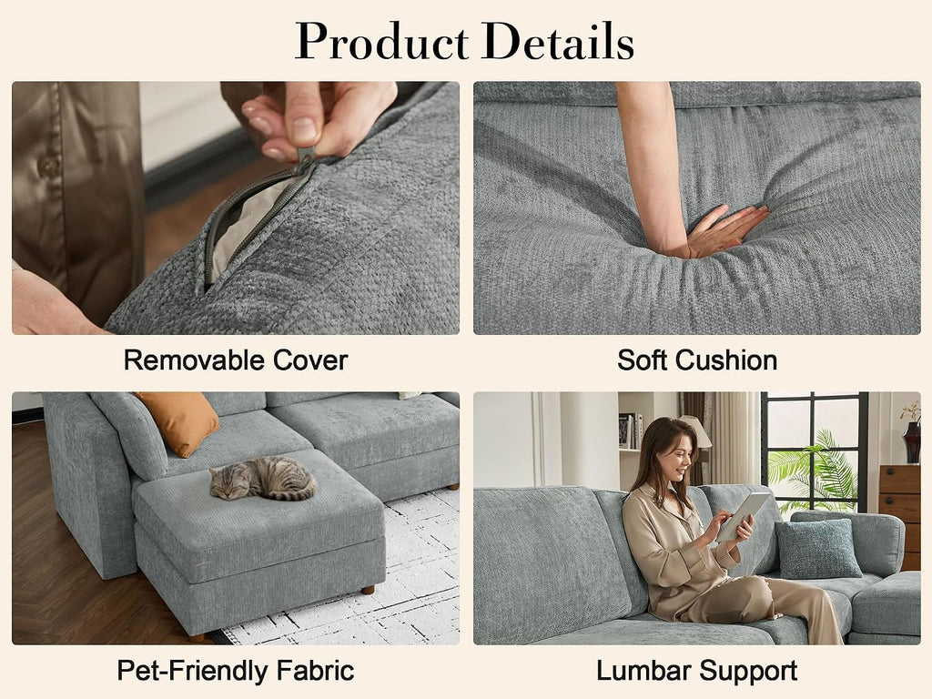 Oversized Modular Sectional Sofa V-Shaped Cloud Couches Gray | 7 Seater Large Deep Seat Couch Luxury Sectional Couches for Living Room, Solid Wood Frame, Removable Washable Cover