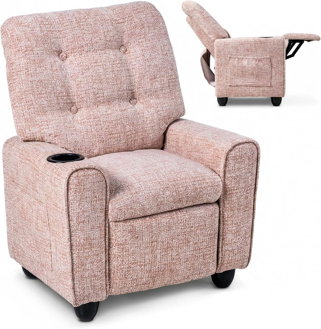 INFANS Kids Recliner, Toddler Lounge Chair with Adjustable Backrest Footrest Cup Holder Side Pockets, Velvet Leather Toddler Couch