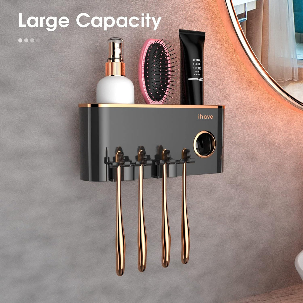 iHave Toothbrush Holders Bathroom Accessories with Toothpaste Dispenser, 2 Cups Toothbrush Holder Wall Mounted Bathroom Decor