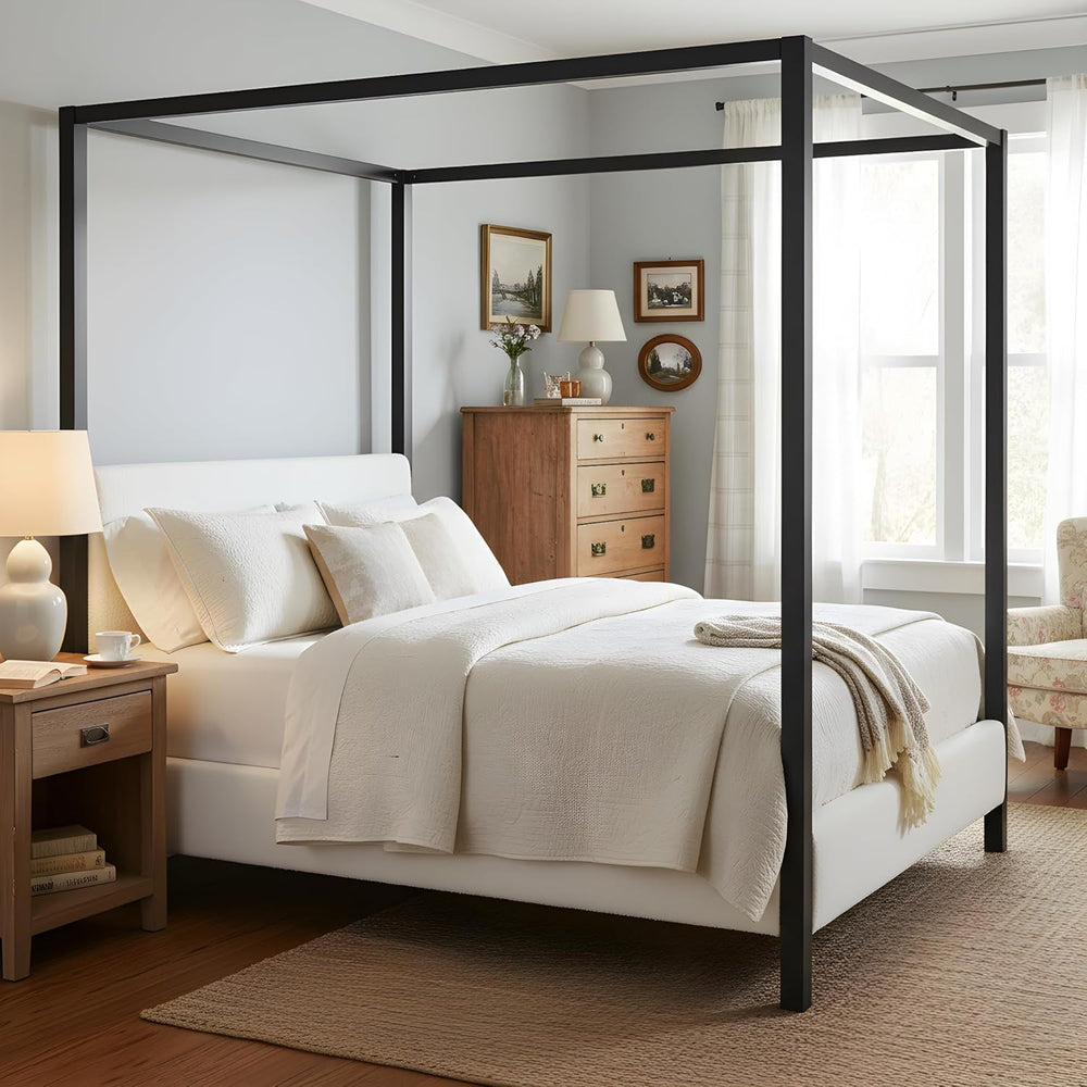 LUMISOL Queen Size Metal Canopy Bed with Upholstered Headboard, Modern Black ...
