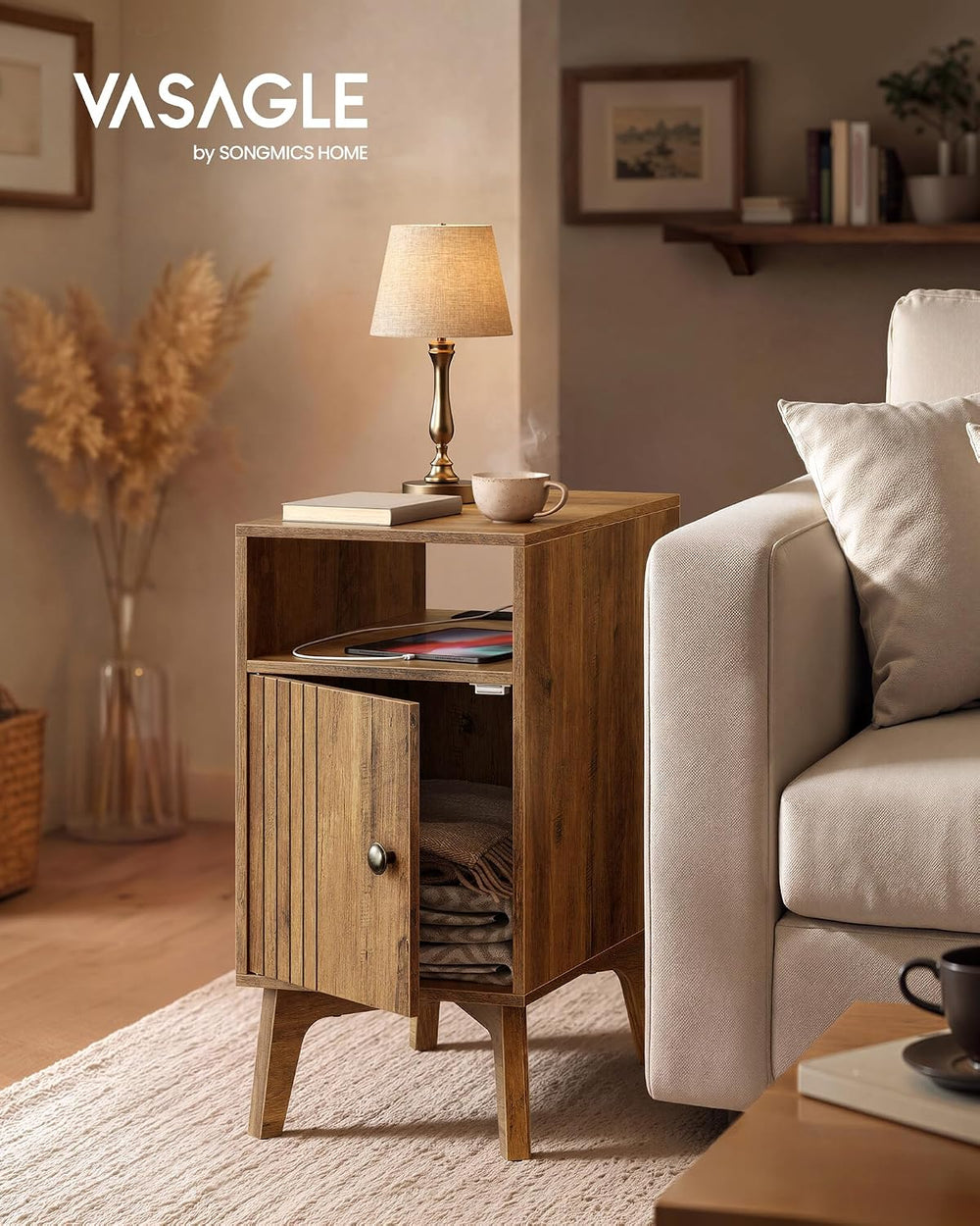 VASAGLE End Table with Charging Station, Narrow Side Table, Nightstand