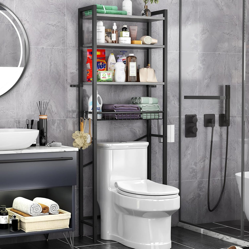 Over-The-Toilet Storage Rack, 4-Tier Bathroom Organizer Shelf Over Toilet with Adjustable Shelf and Basket, Freestanding Space Saver Bathroom Shelves Above Toilet for Room (Pure Gray)