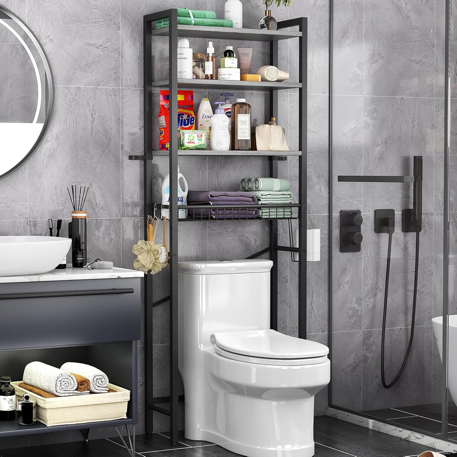 Over-The-Toilet Storage Rack, 4-Tier Bathroom Organizer Shelf Over Toilet with Adjustable Shelf and Basket, Freestanding Space Saver Bathroom Shelves Above Toilet for Room (Pure Gray)