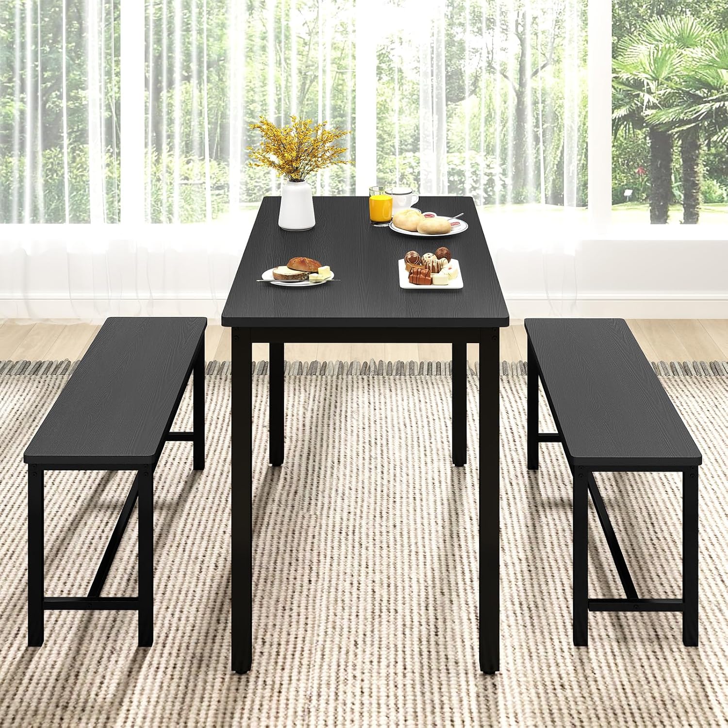 Rovibek Dining Table Set for 4 with 2 Benches – Space-Saving Kitchen Table Set for Kitchen & Dining Room, Black