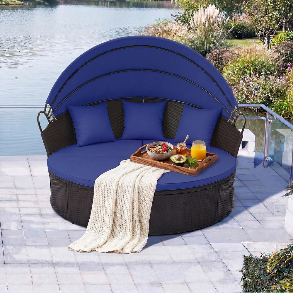 RELAX4LIFE Round Outdoor Daybed with Canopy - Wicker Sectional Sofa Sunbed w/...