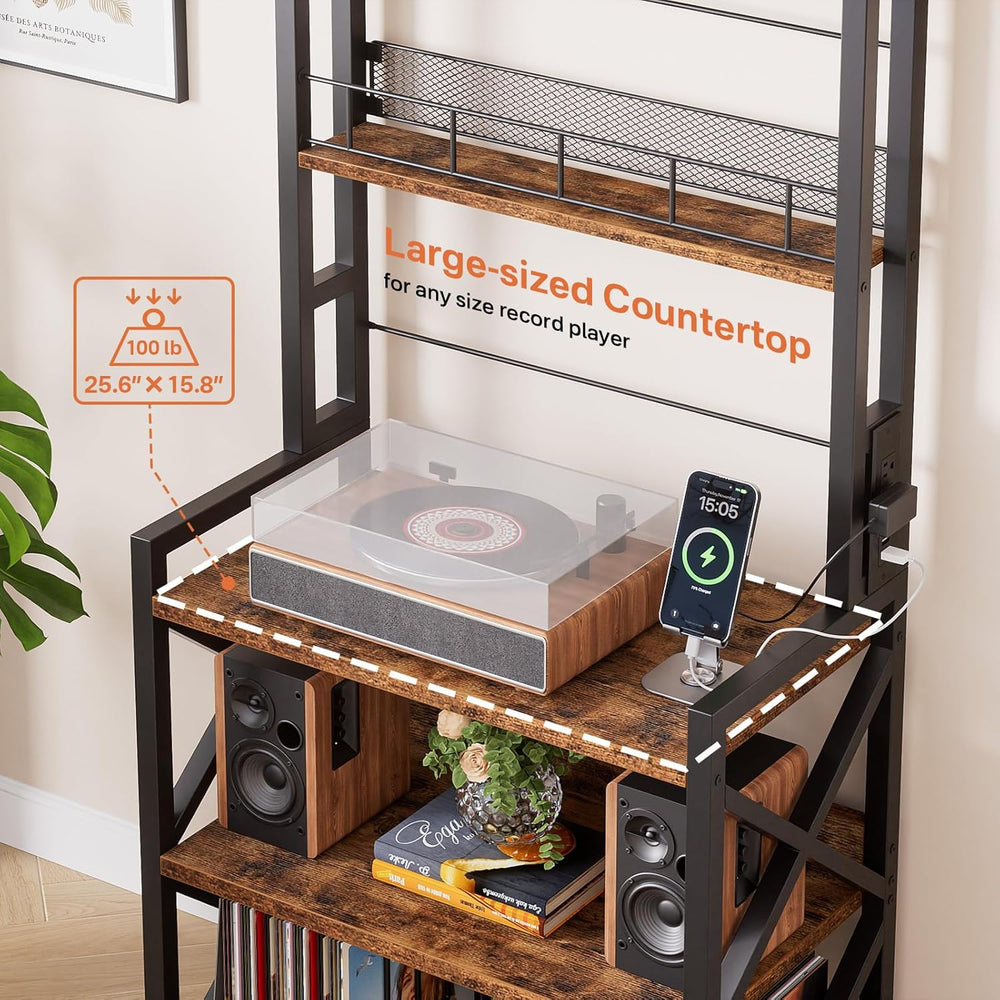 Record Player Stand with Power Outlet - Turntable Display Shelf | 5-tier Viny...