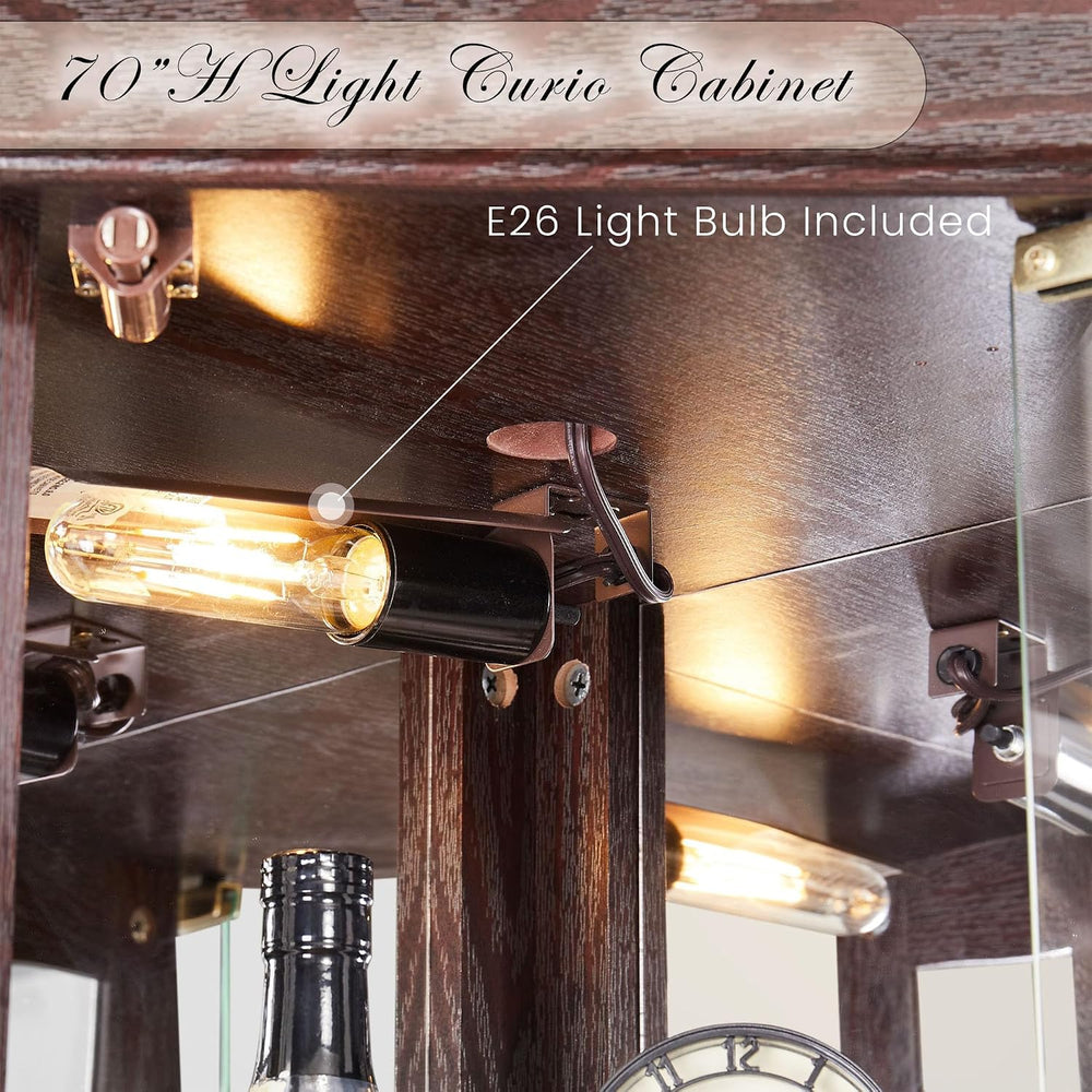 70" Lighted Corner Curio Cabinet, Wood China Display Case with Tempered ...