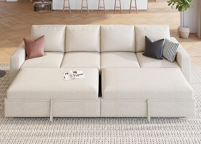 HONBAY Modular Sectional Sleeper Sofa Bed, with Pull Out Bed, Linen Convertible Sectional Couches for Living Room - Beige