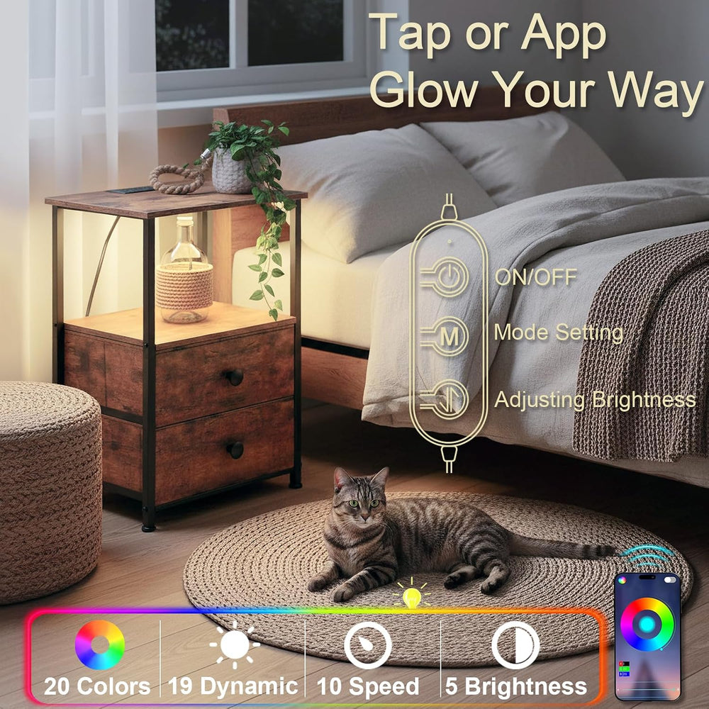 LOAKEKEL Nightstands Set of 2, LED Night Stand with Charging Station | Bedsid...