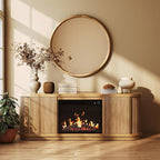 BELLEZE 67" Fluted TV Stand with Electric Fireplace Heater w/Sound, Curved Entertainment Center with Sliding Tambour Doors, Media Console Table for TV up to 75" for Living Room (Camel)