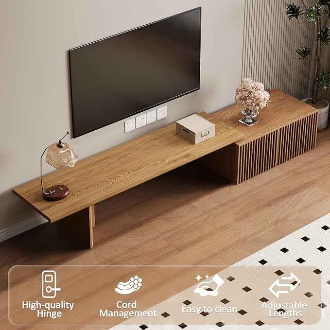 XEW Extendable TV Stand with Storage and Shelves, Wood Entertainment Center for 55+ Inch TV, Modern TV Console, Minimalist Media Console for Living Room, Bedroom-Wood (Extendable: 78.7"-110")
